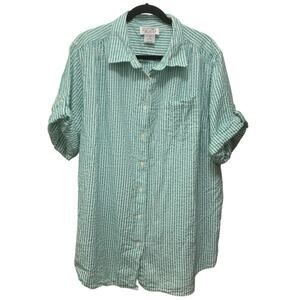 VTG Mainstreet Blues Seersucker Stripe Button Up Shirt Womens 1X Green White